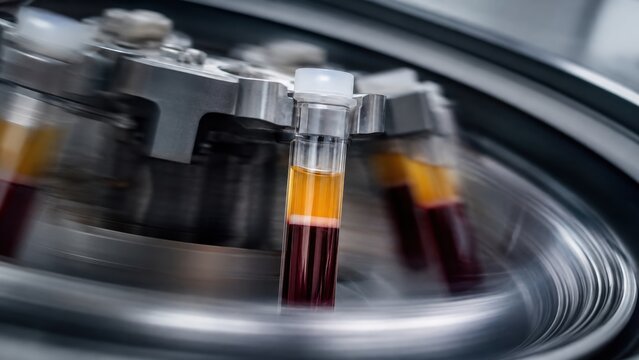 Close-up of blood sample in test tube inside laboratory centrifuge with blurred motion on steel rotor