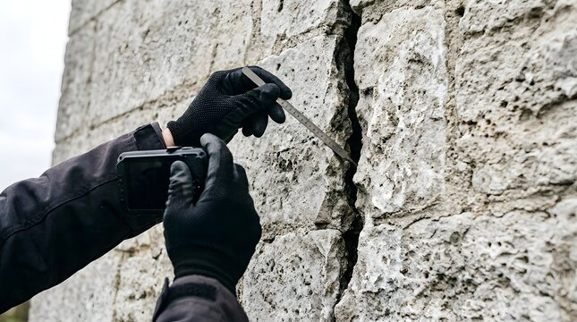 Engineer uses digital camera and metal crack gauge to inspect structural damage of stones.