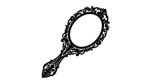 Ornate hand mirror with decorative frame is shown as a silhouette