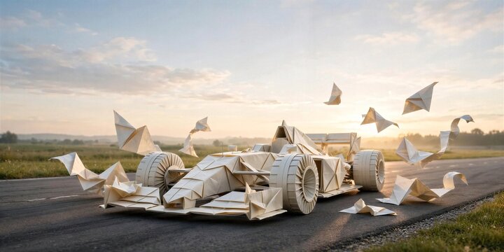 White Paper Race Car Breaking Apart on Track