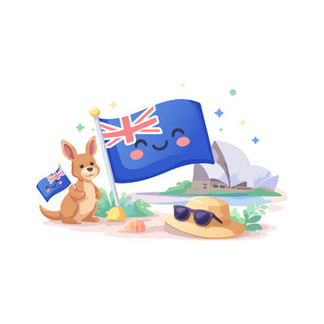 Australia Cartoon Illustration With Kangaroo And National Flag. Cute Australian Travel Vector Featuring Kangaroo Beach And Landmark