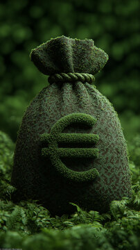 Green money bag made of moss with euro sign sitting in lush foliage. Sustainable finance, green economy, eco friendly investment and ESG capital concept.