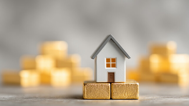 Small white toy house standing on golden blocks against blurred background. Real estate investment, luxury property value and mortgage capital concept art.