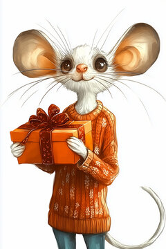 Cute illustration of a fluffy white mouse in an orange knitted sweater holding a gift box with a red bow. Christmas holiday concept, birthday present art.