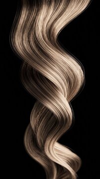 A single, elegant, spiraling curl of highlighted blonde hair flowing against a solid black background, showcasing smooth texture, light and dark tonal variations, and professional styling.