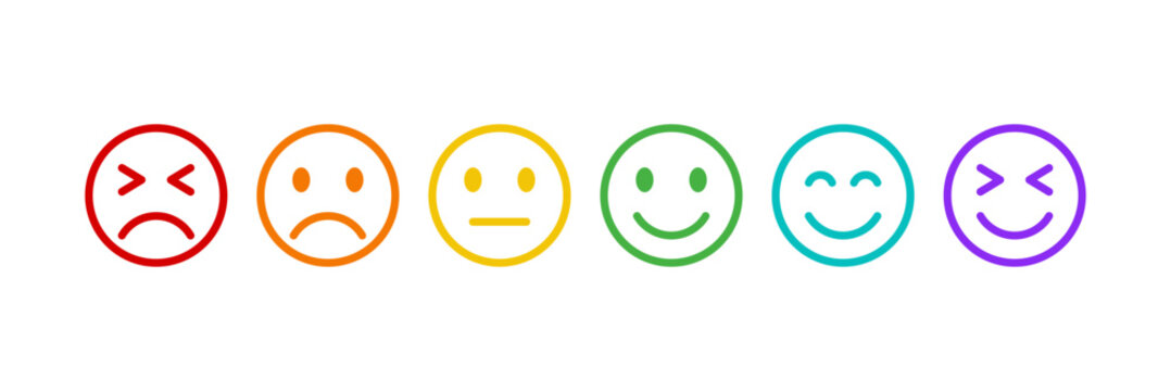 Colorful emoji rating feedback icon set, or customer feedback rating scale icons showing different mood faces from angry to happy. for feedback, user reviews, and satisfaction surveys design elements