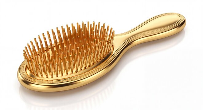 Luxury golden hair brush with detailed texture isolated on white background