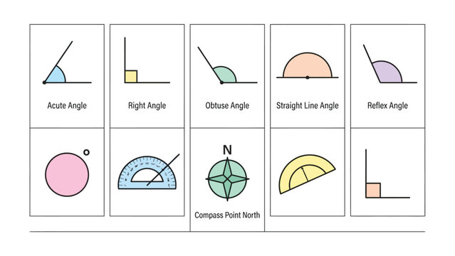 Geometric Angles and Concepts: A visual compilation illustrating various geometric angles, including acute, right, obtuse, straight line, and reflex angles.