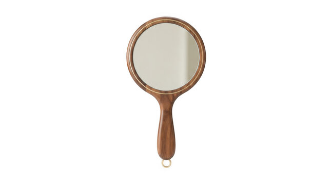 Handheld vintage style wooden mirror isolated on transparent background for beauty and interior design concepts