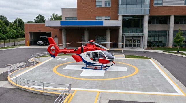 Red and white helicopter lands on helipad in front of modern hospital building with ambulance visible