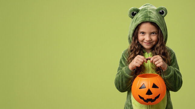 Smiling Girl Wearing a Cute Frog Halloween Costume with Green Hood and Frog Eyes Holding an Empty Jack-o-Lantern Candy Bucket on a Lime Green Background