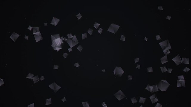 Abstract motion background featuring floating dark geometric pyramid shapes on black