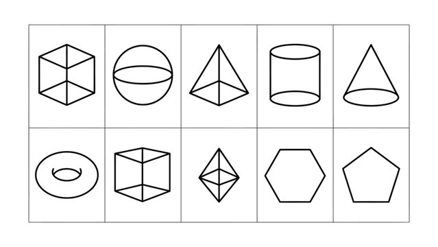 Geometric Shapes: A collection of diverse geometric shapes including cubes, spheres, pyramids, cylinders, cones, tori, and polyhedra, arranged in a grid.
