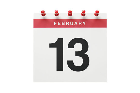 Wall calendar page showing the date of february thirteenth with red push pins isolated on a transparent background