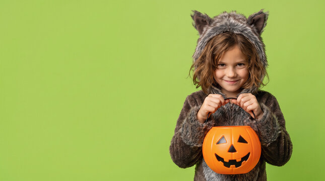 Smiling Girl Wearing a Wolf Halloween Costume with Gray Fur Hood and Animal Ears Holding an Empty Jack-o-Lantern Candy Bucket on a Lime Green Background
