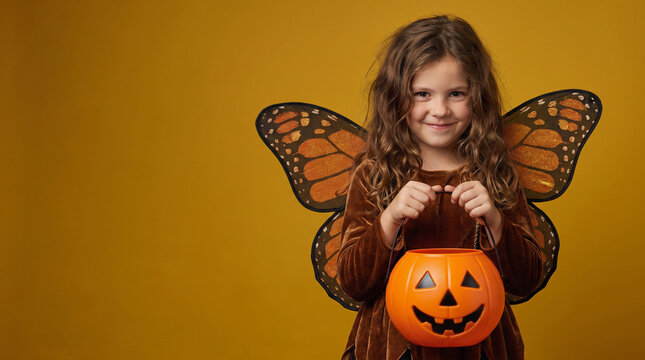 Smiling Girl Wearing a Butterfly Halloween Costume with Large Orange and Brown Wings Holding an Empty Jack-o-Lantern Candy Bucket on an Orange Background