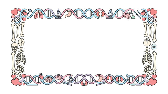 DNA and Anatomical Border: A decorative border featuring DNA strands, anatomical diagrams of organs, and skeletal structures, symbolizing the interconnectedness of biology and medicine.