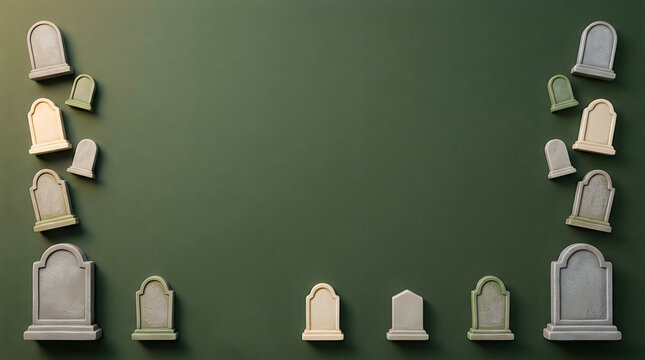 A spooky halloween 3d graveyard background design featuring miniature tombstones arranged on a dark green surface