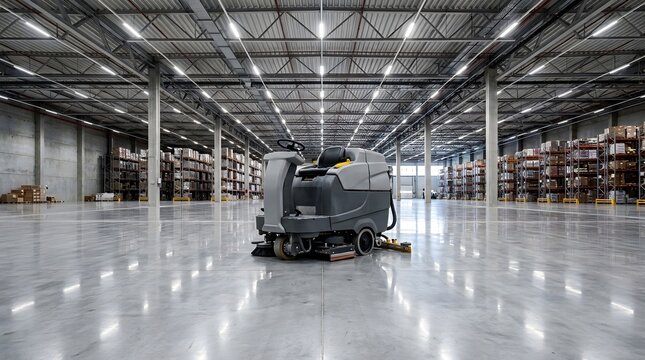 Riding floor scrubber machine cleaning large empty warehouse industrial space with high ceiling.