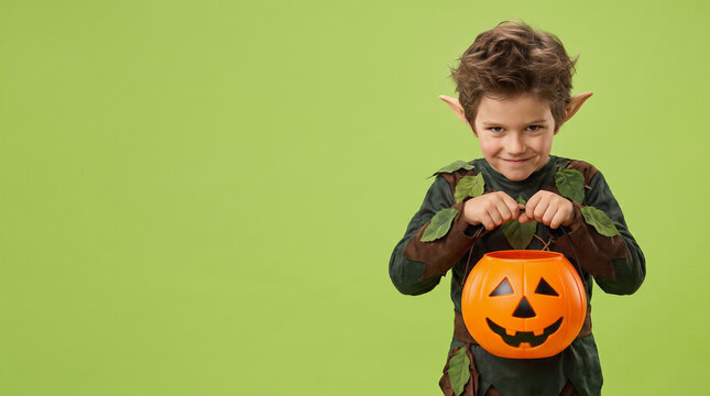 Smiling Boy Wearing an Elf Halloween Costume with Green Outfit and Pointed Ears Holding an Empty Jack-o-Lantern Candy Bucket on a Lime Green Background