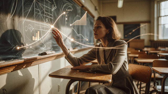 Woman reaches toward glowing economic supply and demand line graphs overlaid on a dark chalkboard in a sunlit classroom setting with warm rim lighting along her profile.