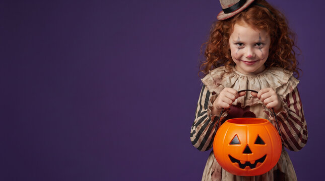 Smiling Girl Wearing a Vintage Clown Halloween Costume with Striped Shirt, Black Beret and White Face Paint Holding an Empty Jack-o-Lantern Candy Bucket on an Orange Background
