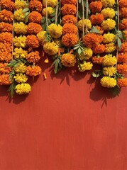 Fototapeta premium Vibrant Marigold Garlands on Red Wall with Ample Copy Space