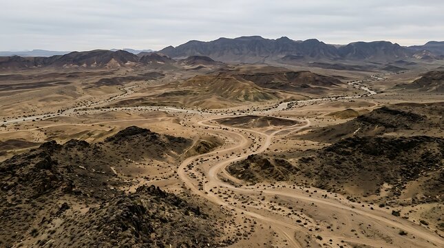 Arid desert landscape with winding dirt road and distant mountains under cloudy sky