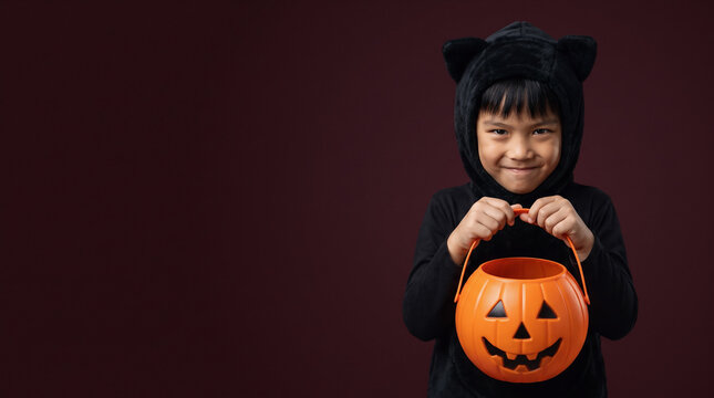 Smiling Girl Wearing a Black Cat Halloween Costume with Black Outfit and Cat Ears Holding an Empty Jack-o-Lantern Candy Bucket on a Dark Burgundy Background
