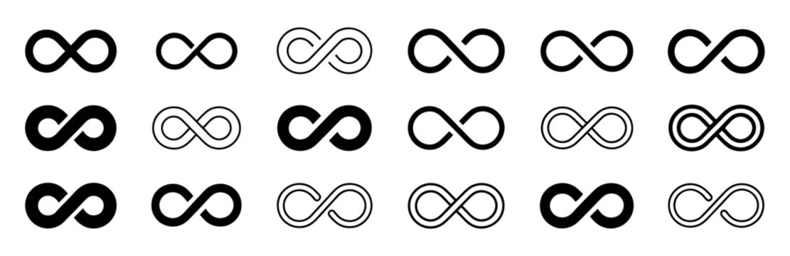 Infinity symbol icon set, endless loop signs for eternity concept, forever love, limitlessness, and continuous process UI design, vector illustration.