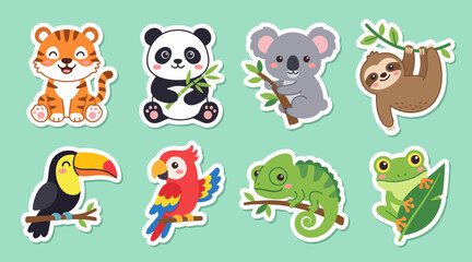 Naklejka premium Colorful vector animal stickers featuring cute jungle creatures designed for children in a flat graphic style