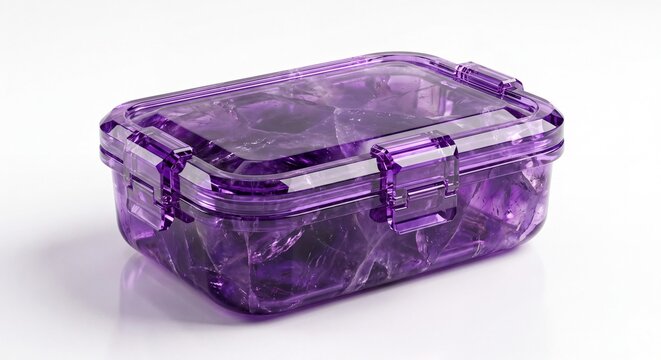 Amethyst crystal textured plastic food storage container with locking lid isolated on white background