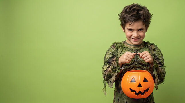 Smiling Boy Wearing a Reptile Monster Halloween Costume with Green Scaly Outfit and Creature Hood Holding an Empty Jack-o-Lantern Candy Bucket on a Lime Green Background