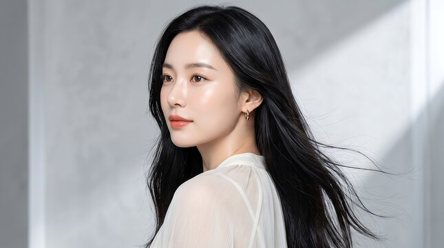 Beautiful young Asian woman with long black hair and glowing skin posing for skincare beauty and fashion advertising