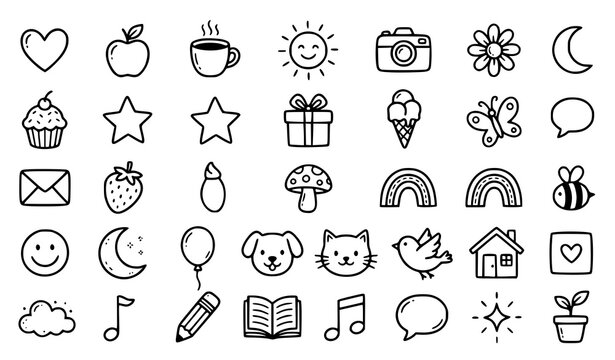 Cute Hand Drawn Doodle Icon Set with Hearts, Animals, Food, Nature, Love and Lifestyle Symbols