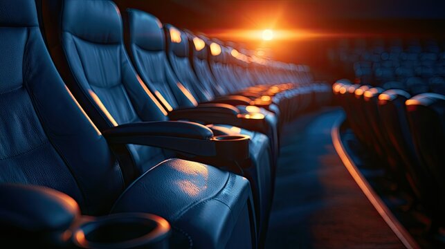 Empty theater seats illuminated by dramatic, warm stage lighting