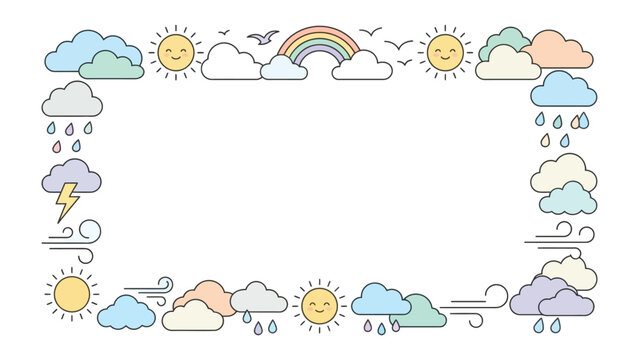 Weather Element Border: A charming collection of weather icons, including sun, clouds, rain, rainbow, lightning, and wind, arranged to form a decorative border.