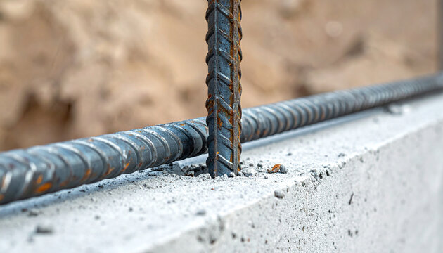 Reinforced Concrete Foundation Detail: Close-up of rebar, or reinforcing bar, embedded in a concrete foundation, highlighting construction and structural integrity.