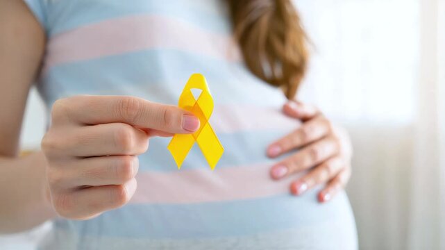Pregnant woman holding an endometriosis ribbon beside her belly, reproductive health awareness month, fertility education with maternal care