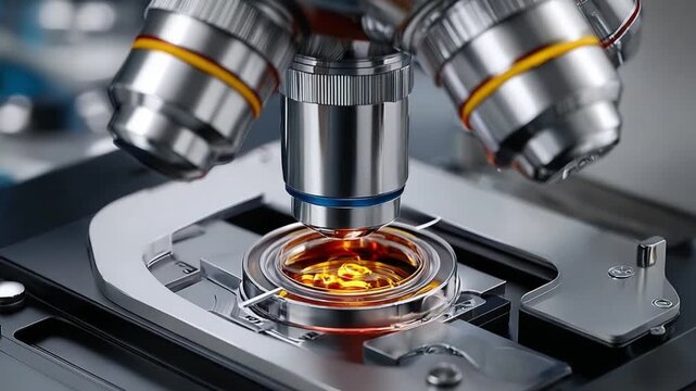 Scientific Discovery: A close-up view of a modern microscope, with its objective lenses focused on a petri dish containing a sample, hinting at advanced research and analysis.