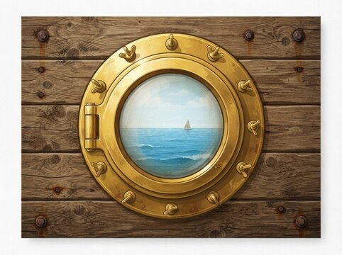 A round brass porthole mounted on a weathered wooden ship bulkhead, revealing a view of a sailboat on the calm ocean horizon.