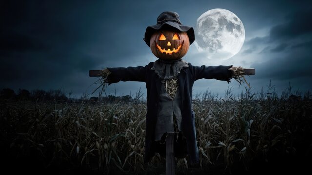 Spooky pumpkin head scarecrow in night cornfield.