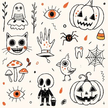 Halloween sketches and doodle illustrations of spooky stuff. Fun, cute doodle style pen illustration.