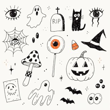 Halloween sketches and doodle illustrations of spooky stuff. Fun, cute doodle style pen illustration.