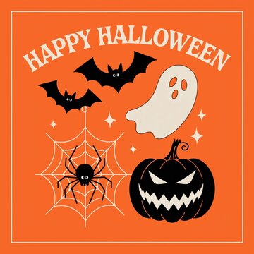 Halloween card with flying bats, spider,  ghost  , and evil smiling pumpkin face. Vector illustration.