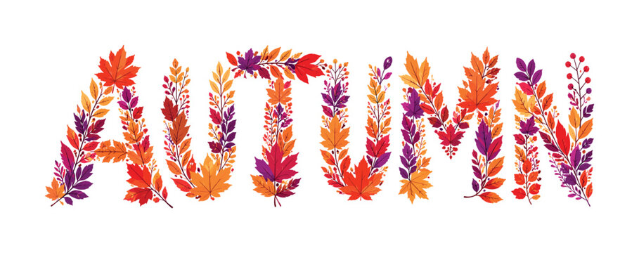 Autumn word formed by colorful leaves and branches in warm seasonal colors