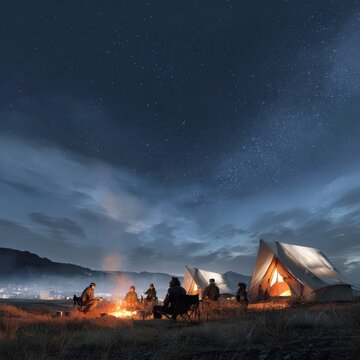 Family enjoying night outdoors camping while gazing at stars illuminated by warm glow campfire