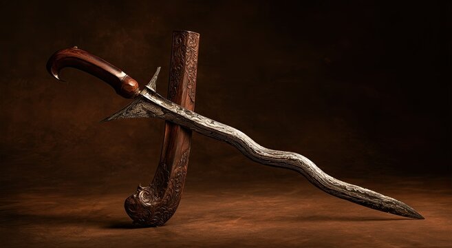 Ornate, wavy bladed dagger and carved wooden sheath on textured brown background