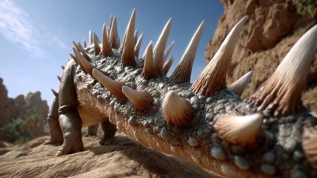 Spiky Dinosaur in a Desert Canyon: A prehistoric creature with sharp spines and armored hide walks through a rocky, arid desert landscape under a clear blue sky.