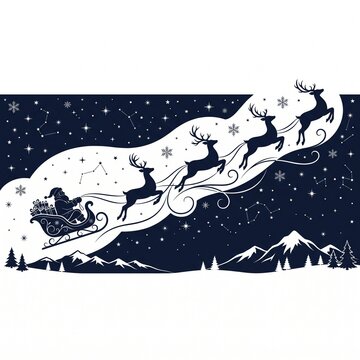 Santa Sleigh Flying Over Snowy Mountains at Night